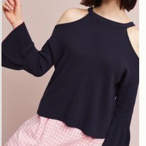 Anthropologie navy, cold-shoulder sweater